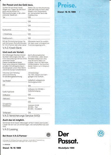 VW Passat Preisliste 10-1989