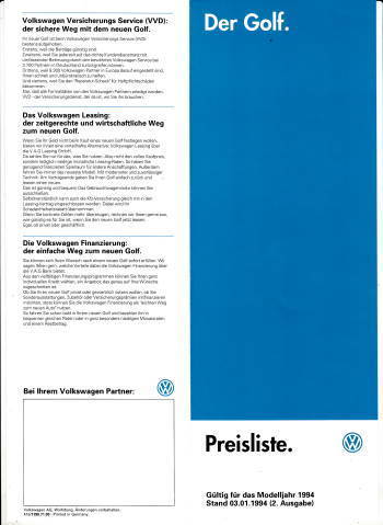 Preisliste VW Golf Januar 1994