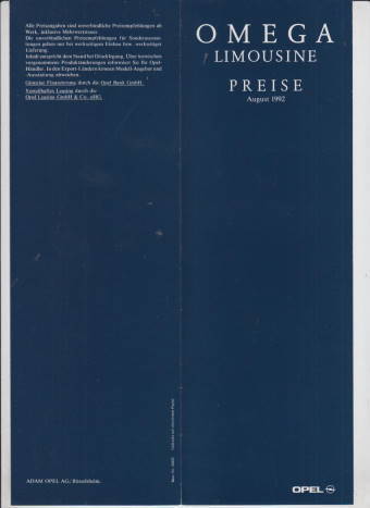 Preisliste Opel Omega Limousine 8-1992