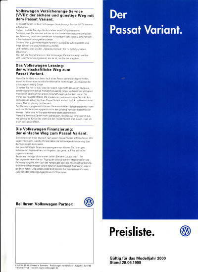 VW Passat Variant Preisliste 28. Juni.1999 pr-1141