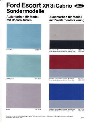 Farbkarte Ford Escort XR 3i Cabrio Oktober 1989