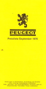 Preisliste Peugeot PKW Programm September 1976