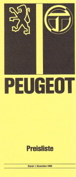 Preisliste Peugeot PKW Programm Dezember 1988