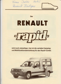 Autoprospekt Renault Rapid Combi Campingwagen