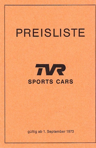 Preisliste TVR Sports Cars September 1973