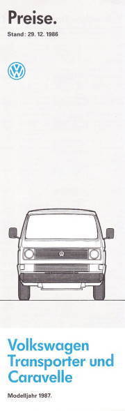 Preisliste VW Bus Transporter Caravelle 12 - 1986