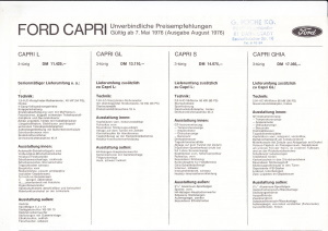 Preisliste Ford Capri August 1976
