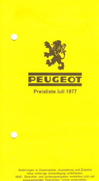 Preisliste Peugeot Programm Juli 1977