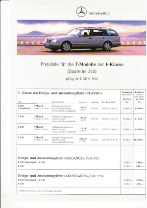 Preisliste Mercedes E Klasse T-Modell März 1996