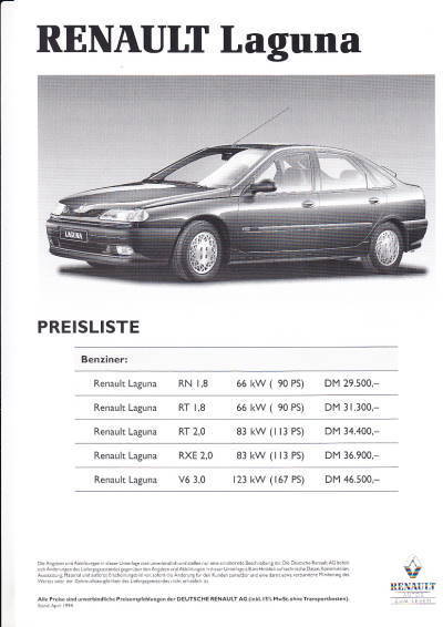 Preisliste Renault Laguna April 1994
