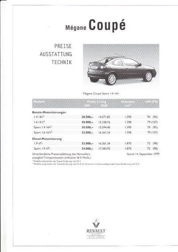 Preisliste Renault Megane Coupe September 1999