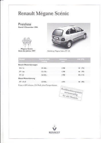 Preisliste Renault Megane Scenic Dezember 1996
