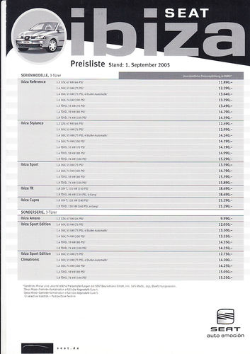 Seat Ibiza Preisliste September 2005