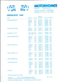 Preisliste Motorhomes Wohnmobile 1980