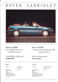 Autoprospekt Rover 200 Cabriolet 1992