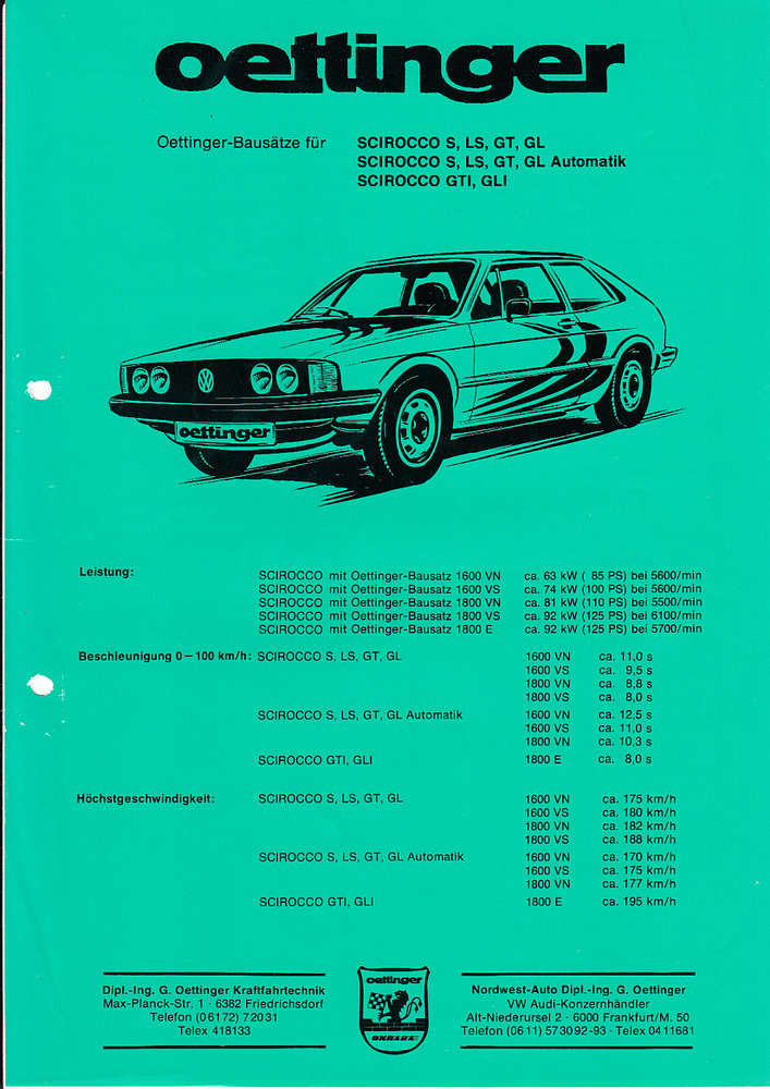 Autoprospekt Oettinger VW Scirocco 70er Jahre