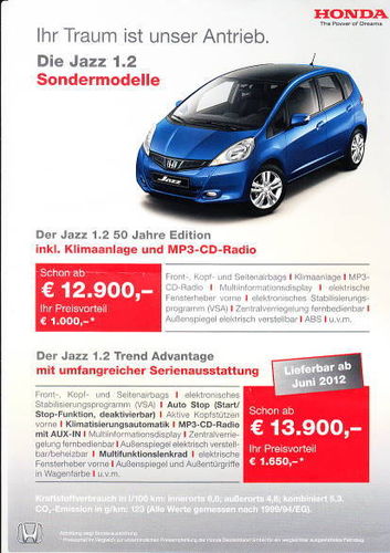 Autoprospekt Honda Jazz Sondermodelle 2012