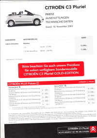 Preisliste Citroen C3 Pluriel November 2003