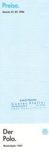 Preisliste VW Polo Juli 1986