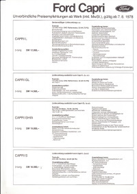 Preisliste Ford Capri August 1978